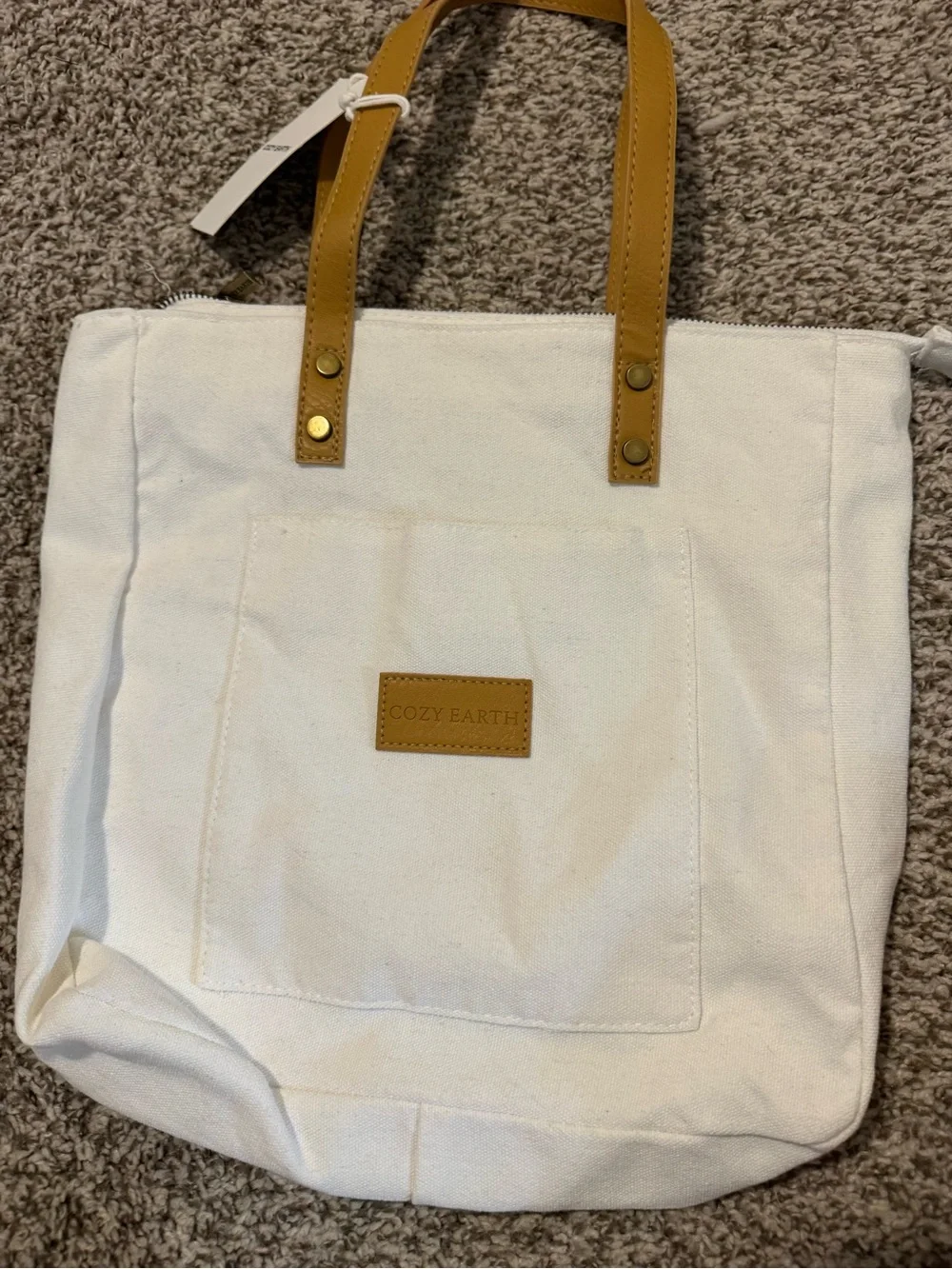 Cozy Earth White Canvas Tote with Tan Leather-Accent Handles